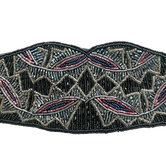Vintage 80s black, grey, blue & pink beaded belt tie back adjustable cummerbund - Picture 3 of 9